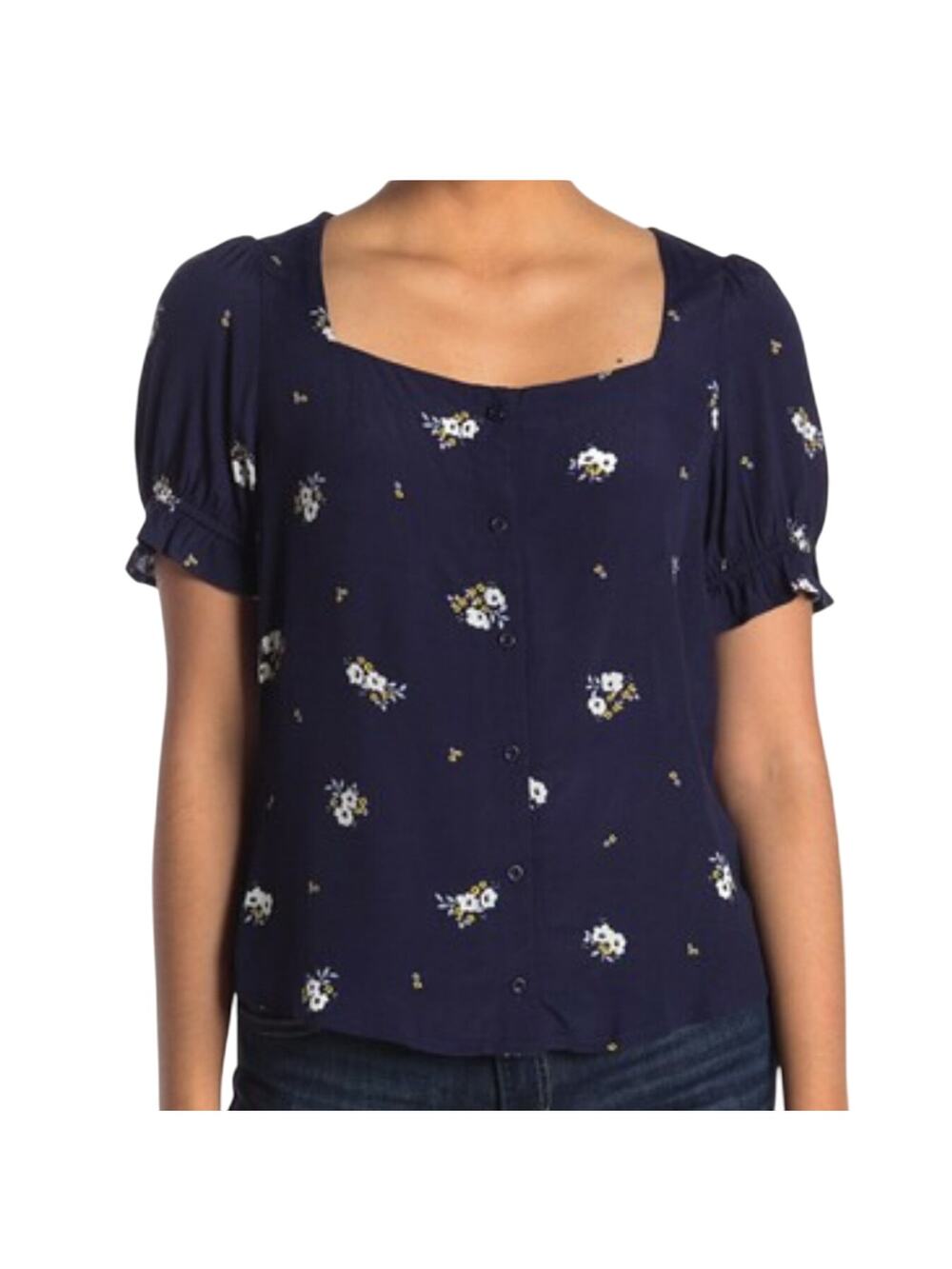 Elodie Navy Floral Puff Sleeve Button Front Blouse, Women's Large, NWT